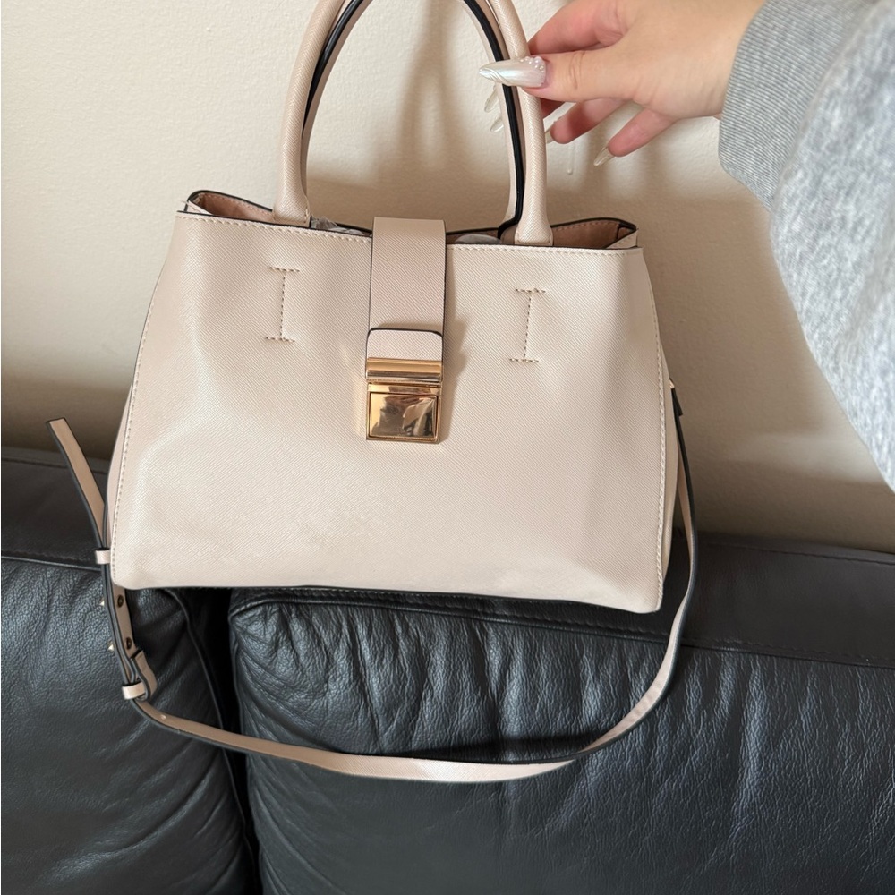 H&M Cream Structured Top-Handle Satchel with Gold Clasp
